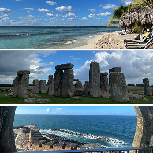 Three travel scenes: a tropical beach with a thatched umbrella, the stone circle of Stonehenge, and a deep blue ocean seen from old stone walls.